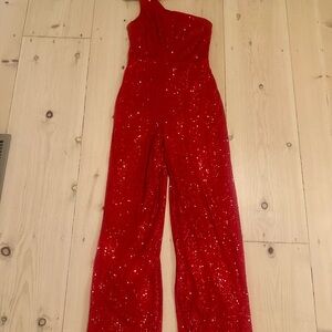 Red Sequin One-Shoulder Jumpsuit